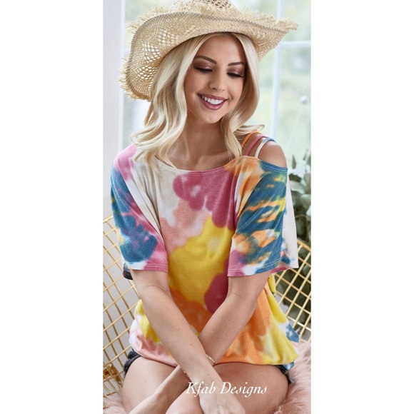 LAST 2! Tie Dye Strappy One Shoulder Super Soft Jersey Top! - Picture 2 of 10